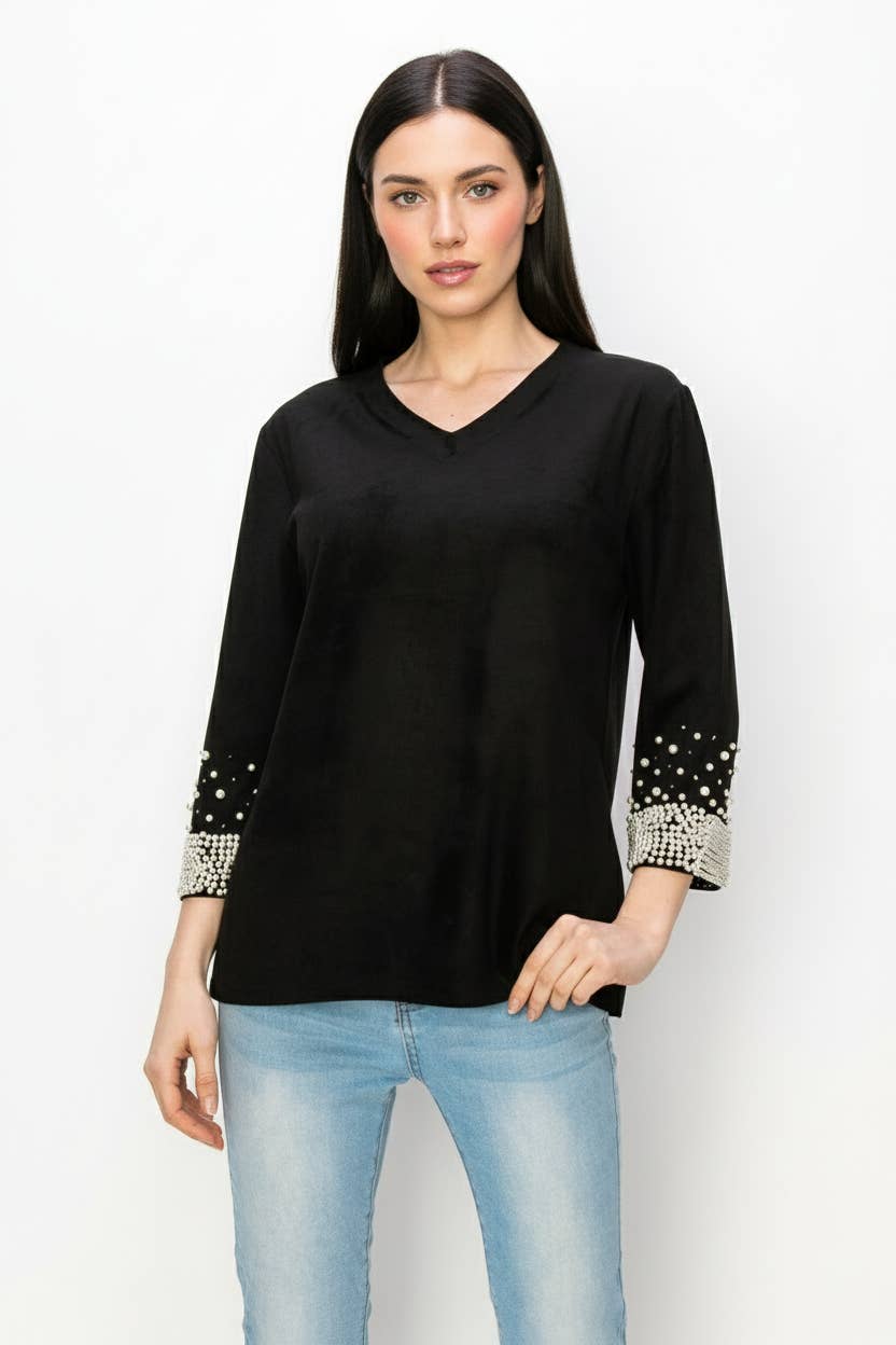 Joh Apparel - Vendita all'ingrosso Camicetta - Donna - Top in camoscio elasticizzato Alani con perle0