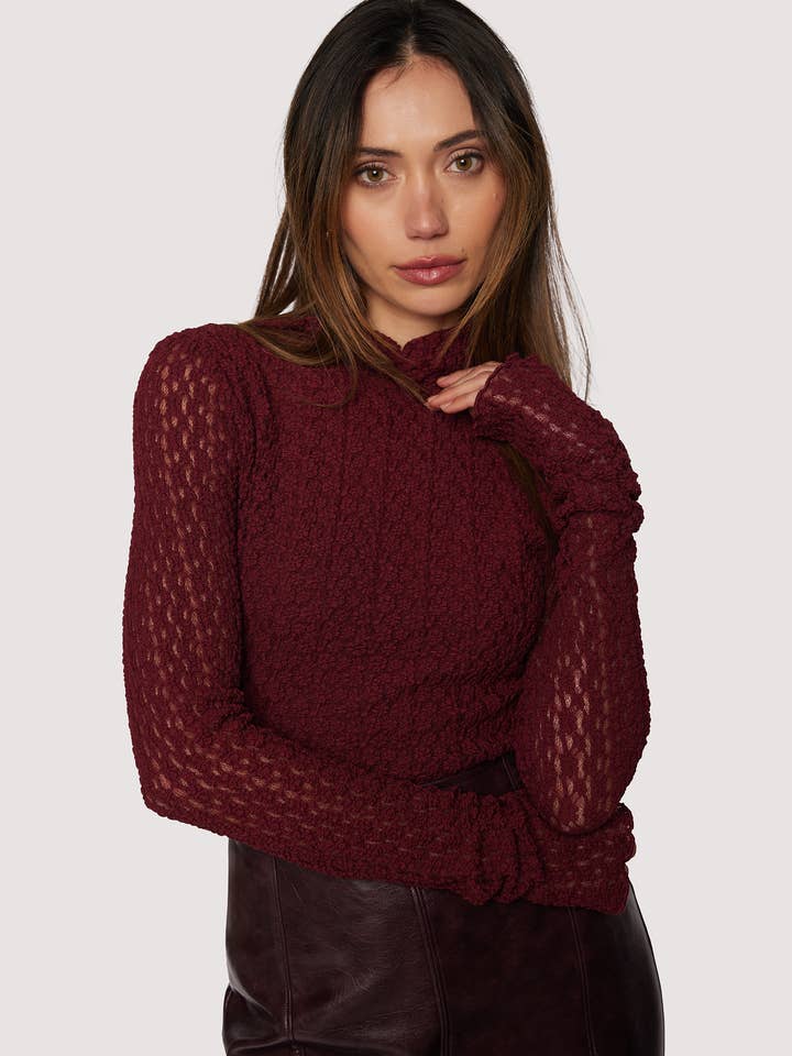 Sistine Tale Top - Fall Lace Mesh Knit Merlot for wholesale by Lost + Wander
