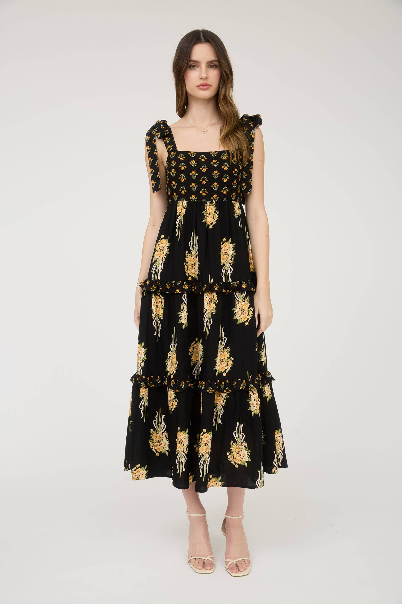 MINE – Vestido - Mulher por atacado – VESTIDO IMPÉRIO COM ESTAMPADO DE RAMALHETE FLORAL E ALÇAS DE ATAR EM CAMADAS11