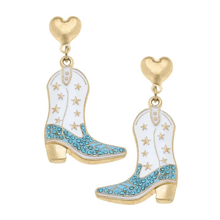 Boucles d'oreilles bottes de mariage en strass blanc et bleu pour la vente par Canvas Style
