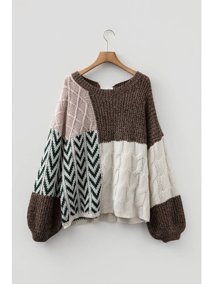 PRETTY BASH - Wholesale Knitted jumper – Women′s - Colorblock Cable Knit Patchwork Tied Back Sweater2