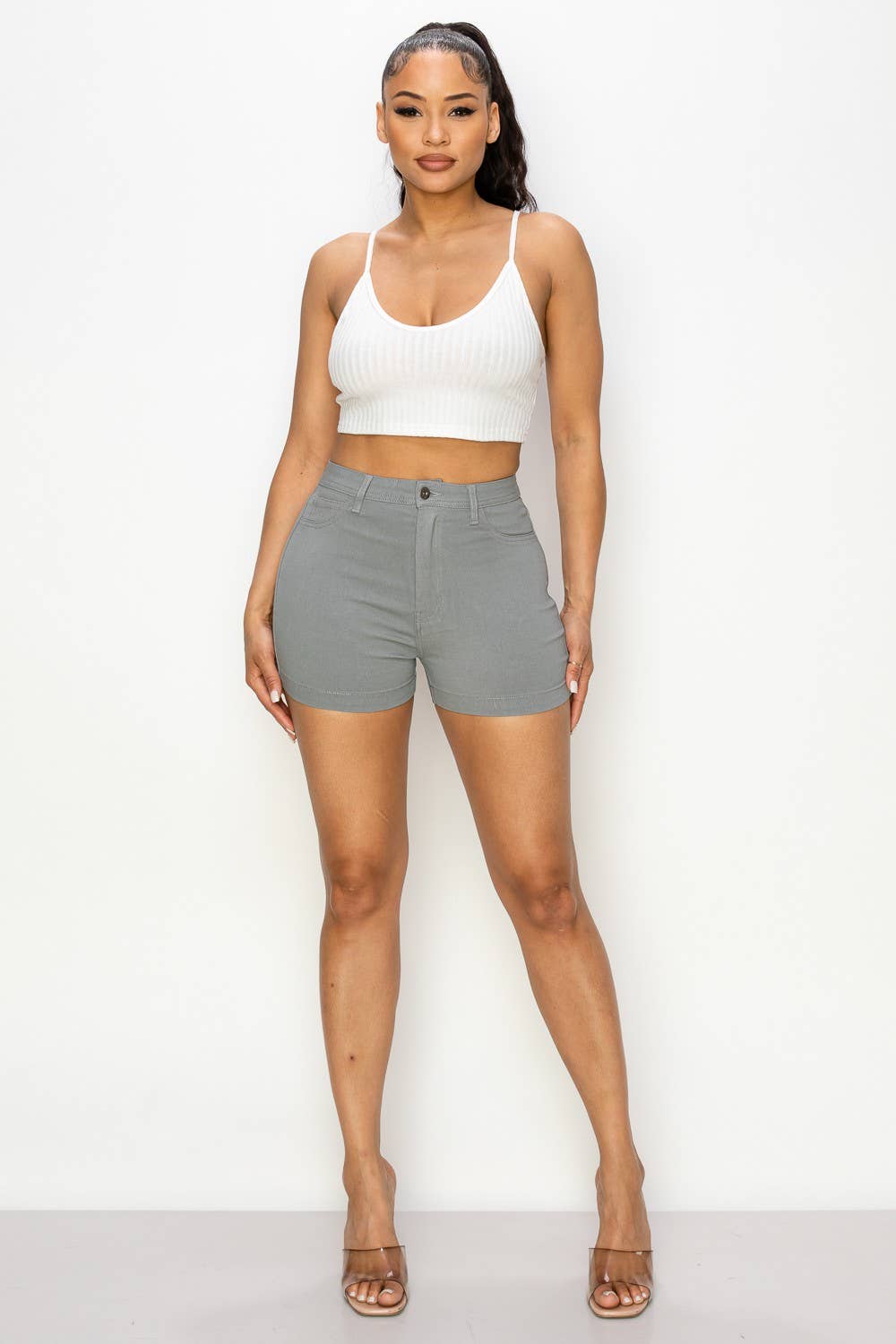 LIGHT GREY SH-300 HIGH WAISTED SUPER-STRETCH WOMEN'S COLORED SHORTS for wholesale on Faire2