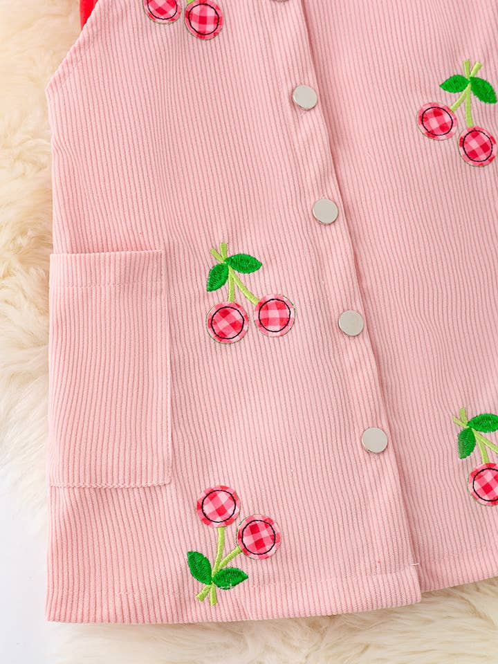 Kids Charm Online - Wholesale Dress - Kids - Plaid cherry applique on pink corduroy dress & red under shirt. OFG50395 JEA