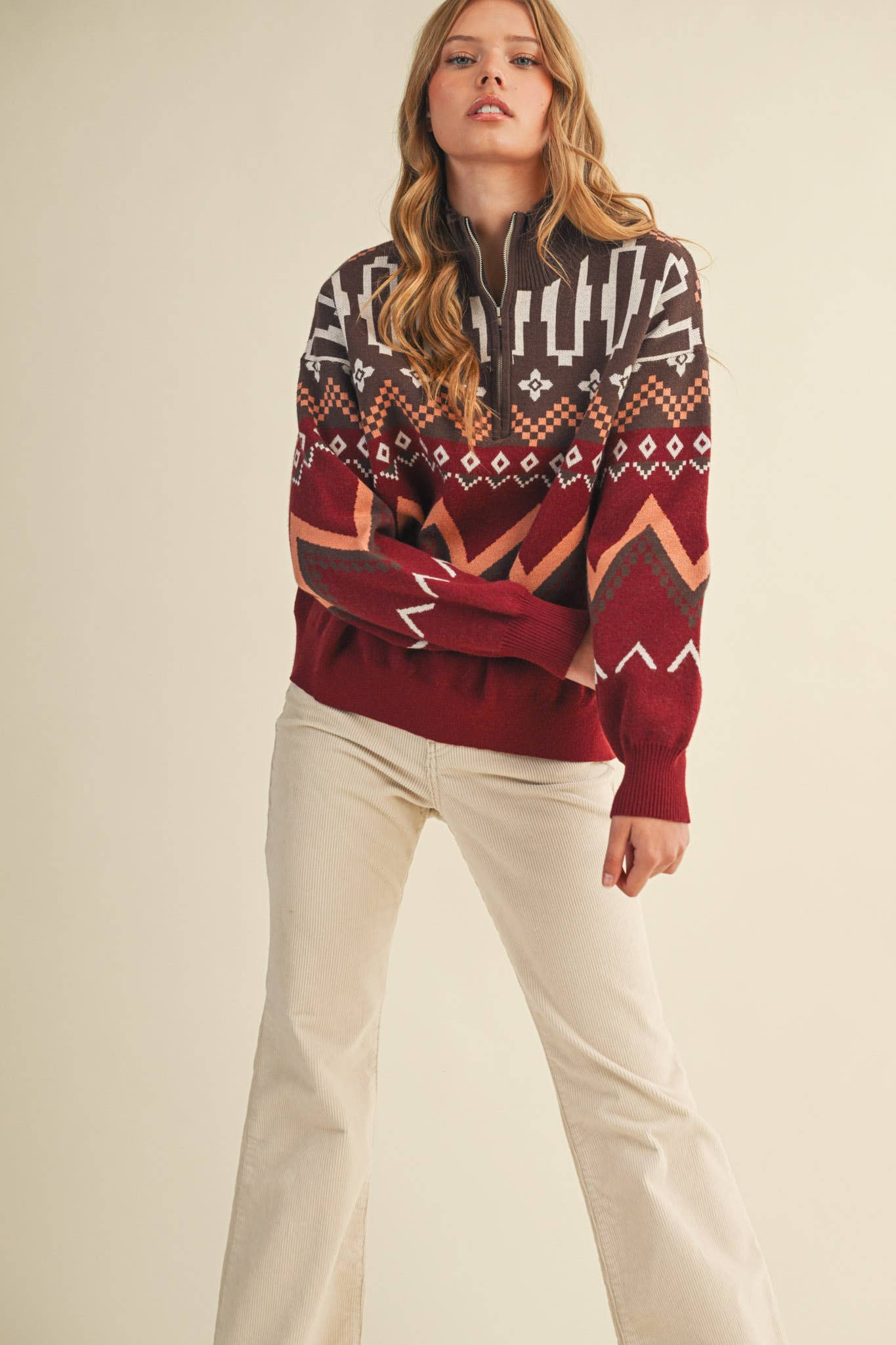 Burgundy Multi GEOMETRIC KNIT MOCK NECK HALF ZIP PULLOVER SWEATER MSW10885 for wholesale on Faire2