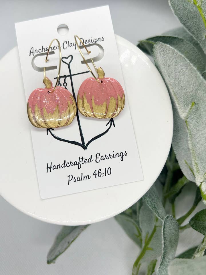 Sparkly Pink Pumpkin Hoops for wholesale by Anchored Clay Designs