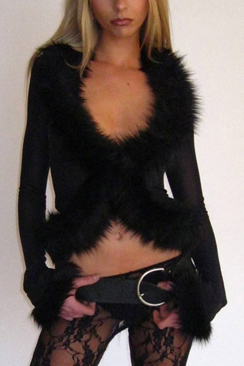 BLACK Faux Fur Trim Sheer Long Sleeve Blouse for wholesale on Faire3