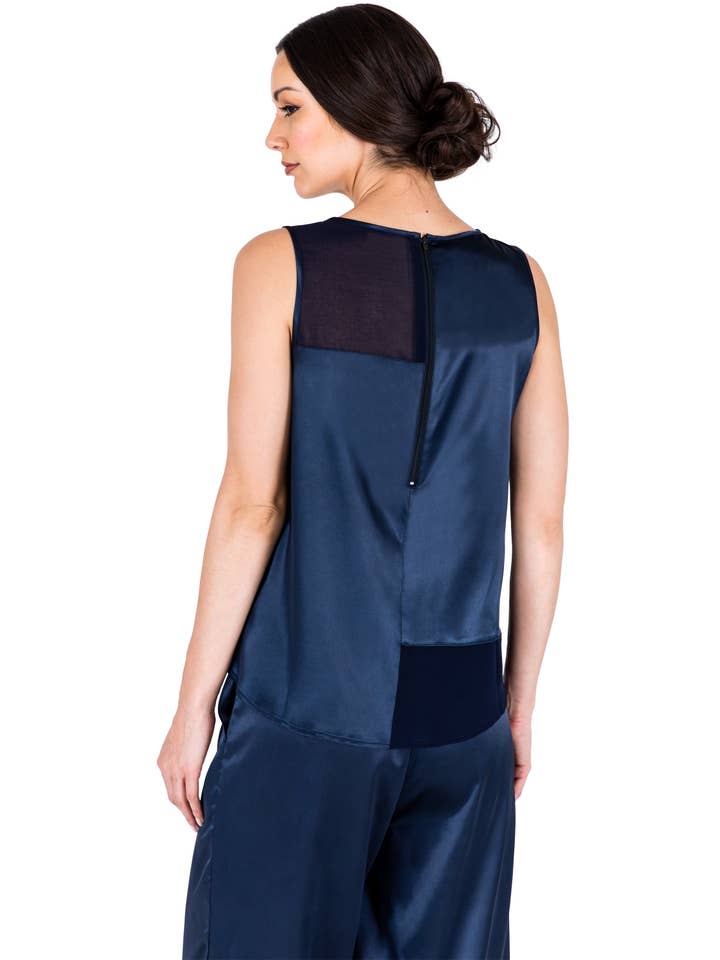 Standards & Practices - Wholesale Blouse - Women's - Modern Women's Blue Sateen and Chiffon Sleeveless Shirt
