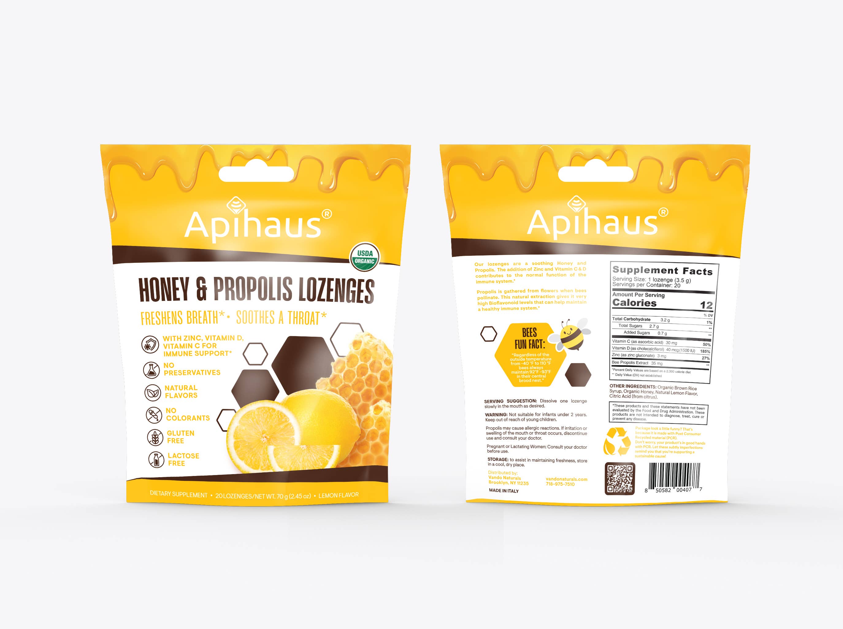 Vando Naturals - Wholesale Lozenges/Cough Drops - Apihaus Honey and Propolis Lozenges Lemon Flavor  20 pcs2