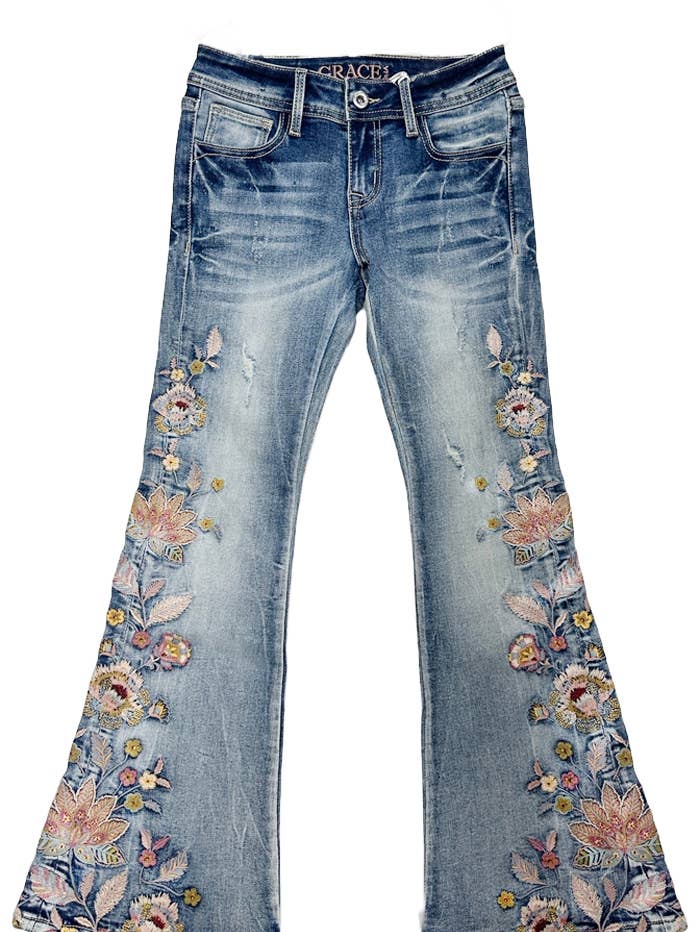 Grace in LA - Wholesale Jeans - Kids - Floral Embroidery Girl Flare | GL-51900