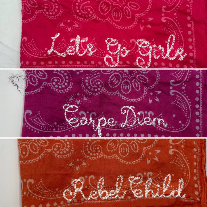 Little Lamb Designs - Wholesale Bandana - Women's - Pink/Purple/Orange Bandana w/ Embroidered Chainstitch Text 4