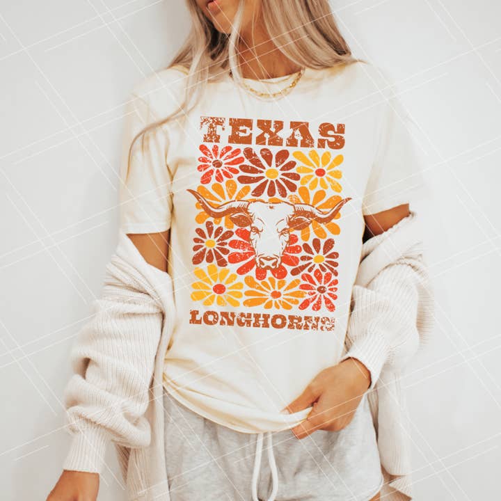 Groovy Floral Texas Longhorns for wholesale by Pressure and Grace