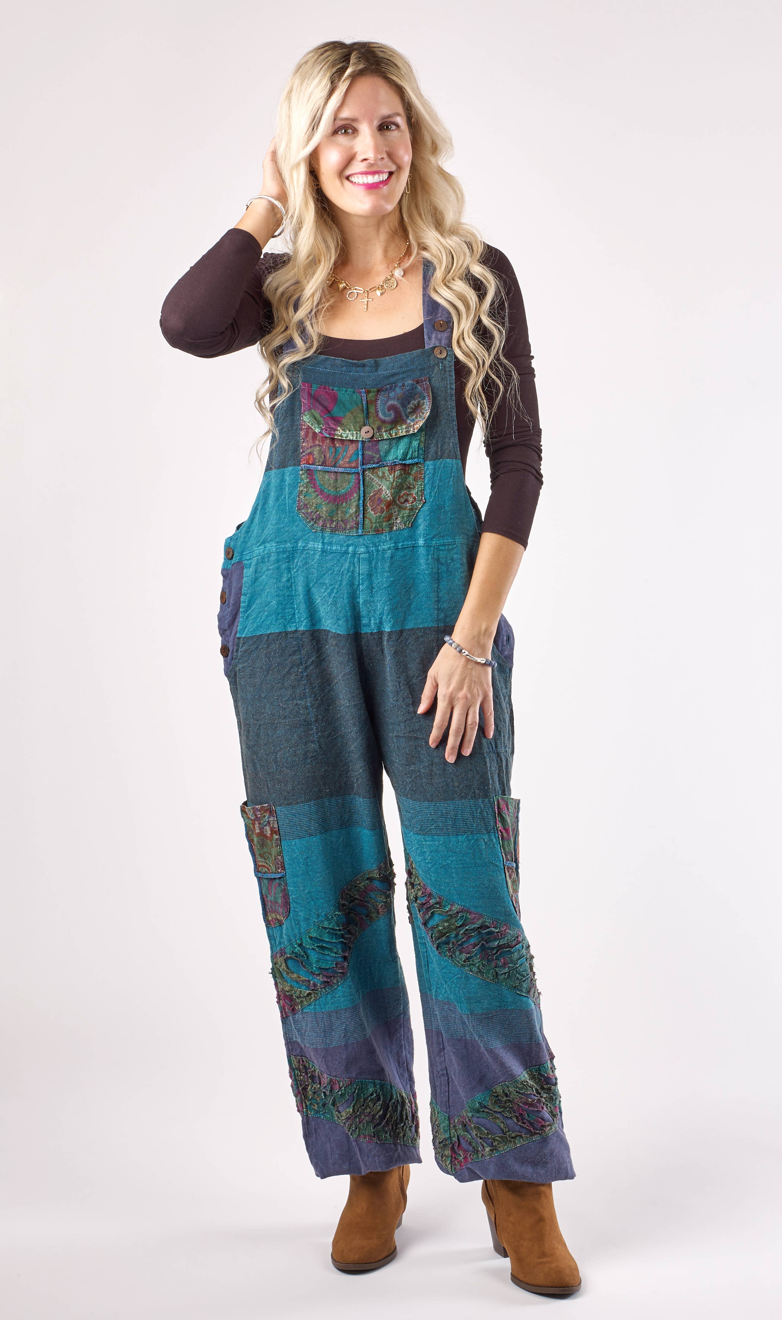 Kaleidoscope Accessories - Wholesale Overalls - Women's - Textured Cotton Patch Overalls, 2 Assorted3