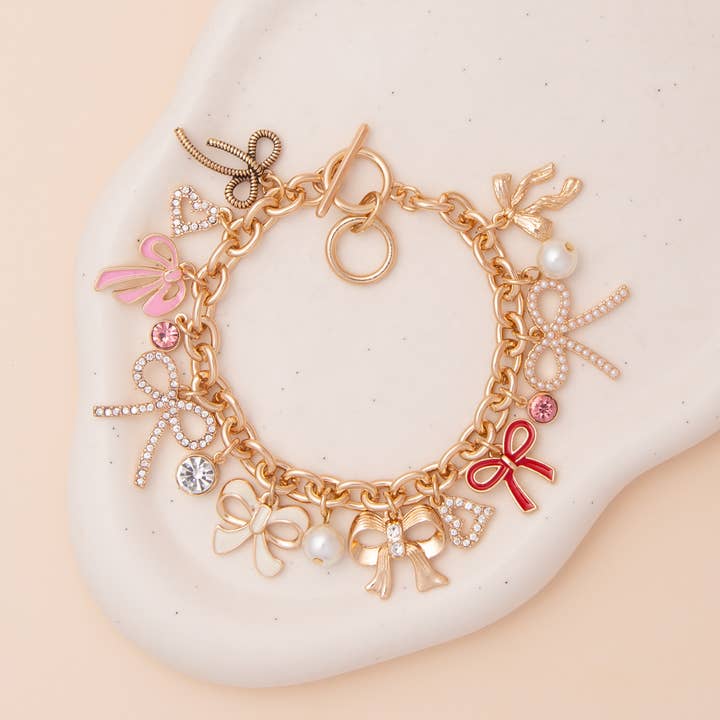 SP Sophia Collection - Wholesale Charm/Dangle Bracelet - Crystal Rhinestone & Pearl Embellished Bow Charm Bracelet