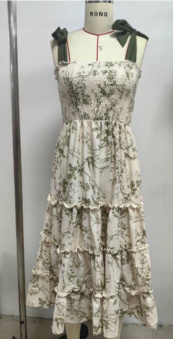 green 2025 komorebi Spring floral flare swing Dress w bow straps for wholesale on Faire0