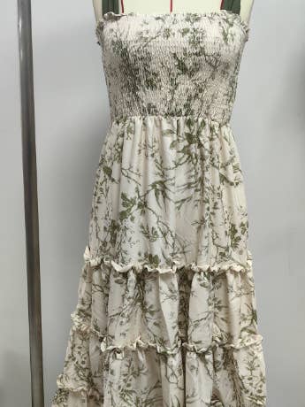 green 2025 komorebi Spring floral flare swing Dress w bow straps for wholesale on Faire