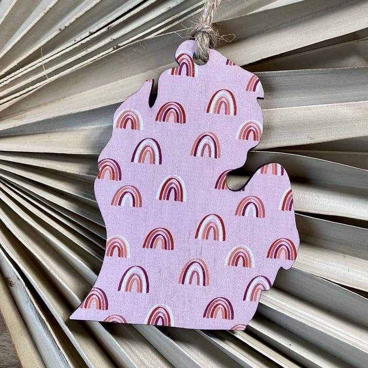 Michigan Lower Peninsula Blush Rainbow Wood Ornament for wholesale by Feather and Birch