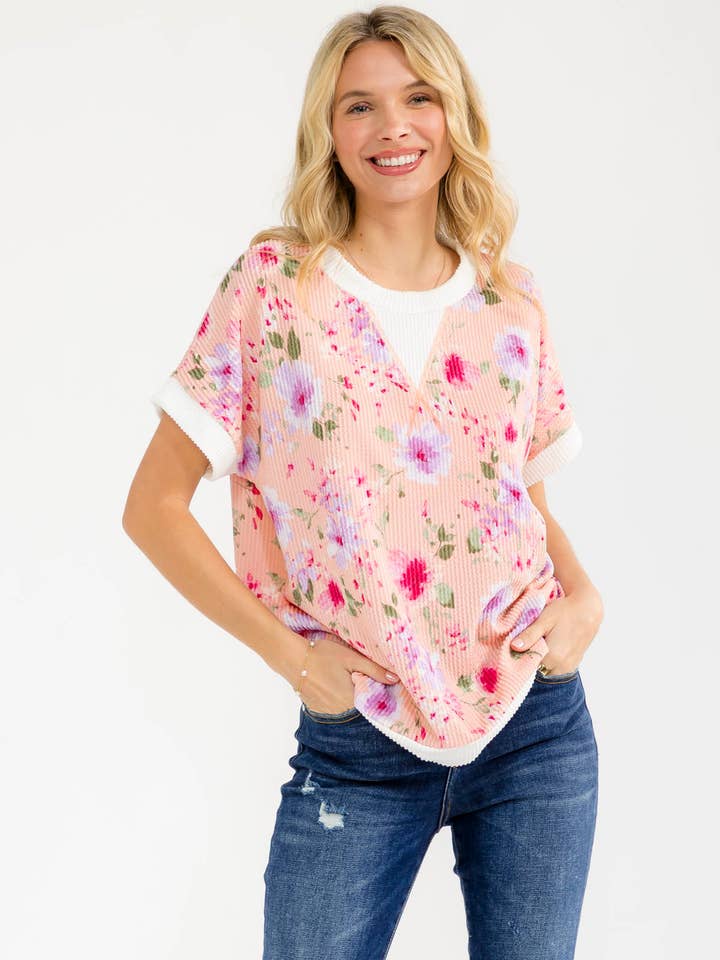 Haut à manches courtes en tricot côtelé floral T6269 pour la vente par 7th Ray