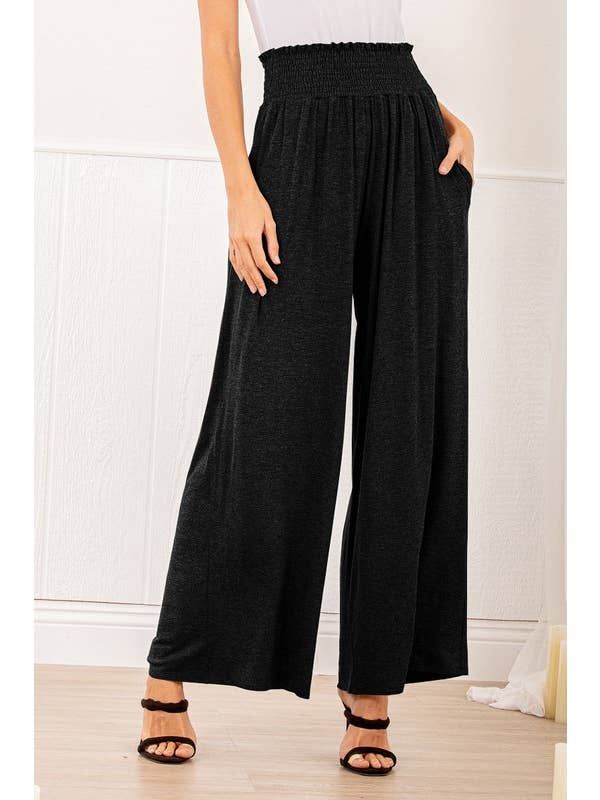 HEIMISH - Wholesale Pants - Women's - SP1123-10 FOLD OVER WIDE LEG SOLID PANTS WITH SMOCKED AND SI5