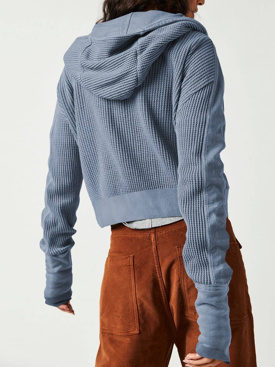 Rosa Clothing - Wholesale Hoodie - Women's - half button zip up waffle crop hoodie sweatshirt jacket12