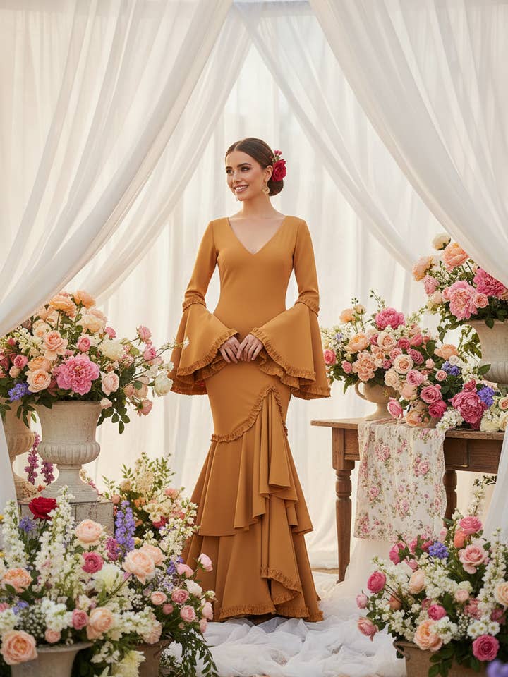 Luxuriöses gelbes Flamenco-Kleid für den Großhandel von EMMA WU DESIGN