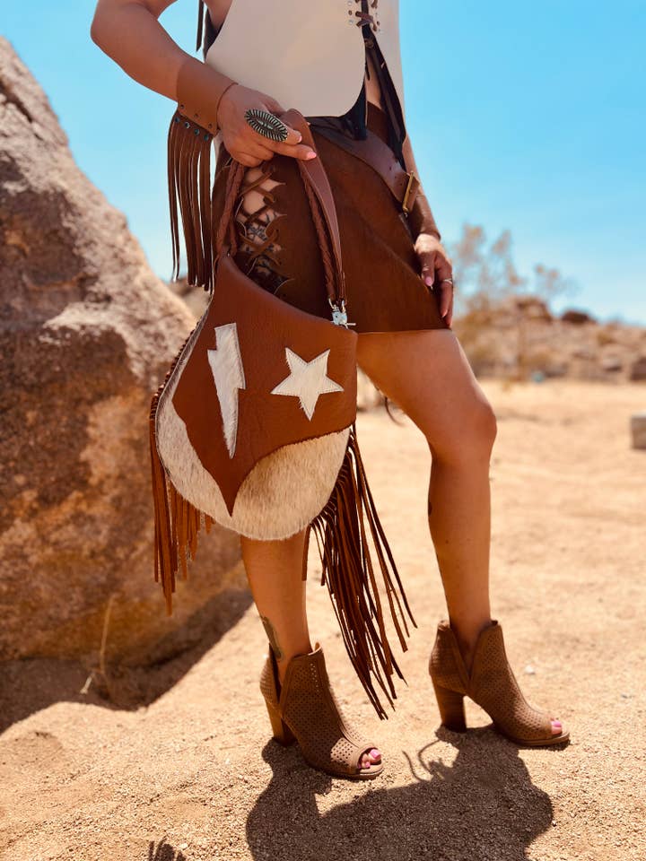 Crossbody Tan Leather Fringe Western Willa Handbag for wholesale by Dirty Mojave
