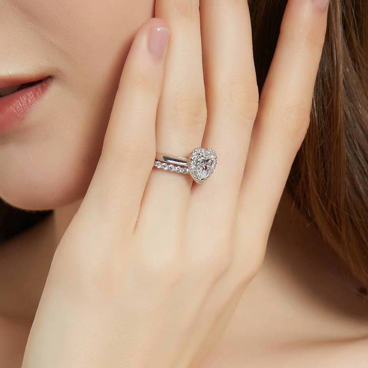 BERRICLE - Wholesale Engagement Ring - BERRICLE Silver Halo Heart CZ Wedding Engagement Ring Set
