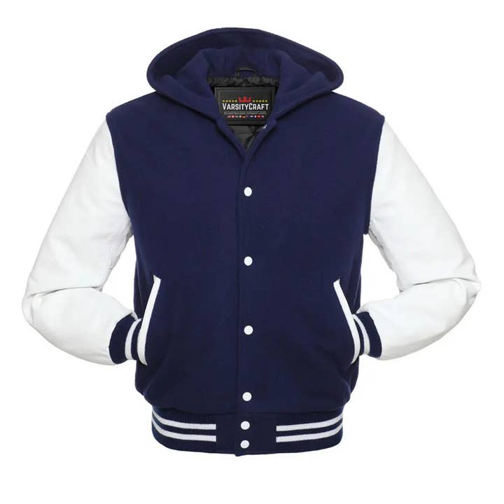 Navy Wool & White Leather Sleeves Hoodie Letterman Jacket for wholesale by Varsity Craft
