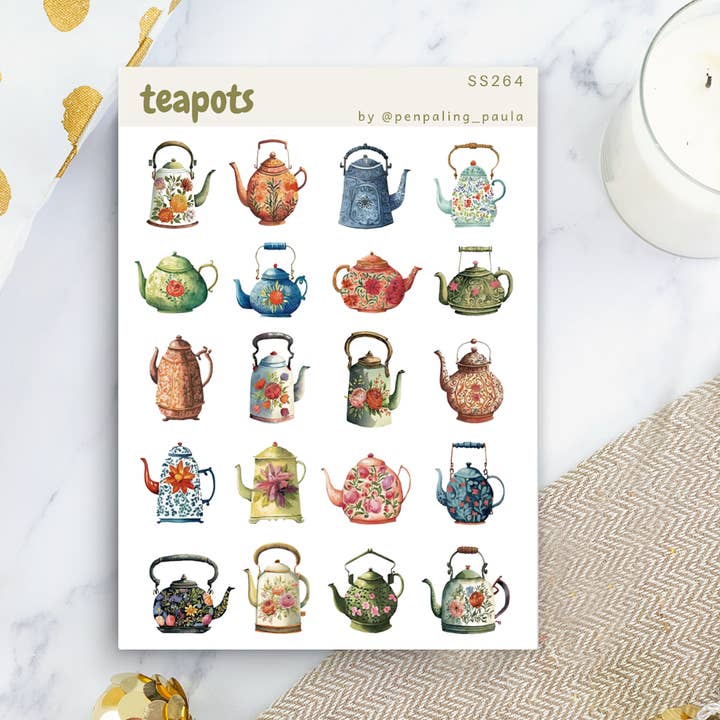 Penpaling Paula - Wholesale Sticker - Teapots - Sticker Sheet