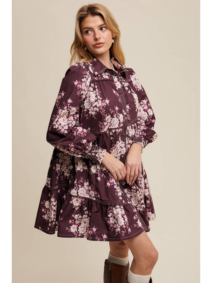 Listicle - Wholesale Dress - Women's - Floral Tiered Shirt Dress LD147016