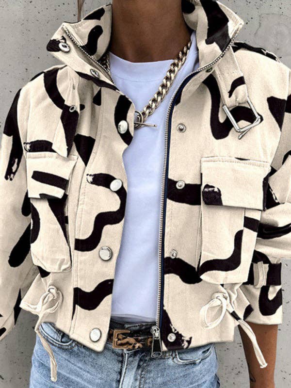 VividLux - Wholesale Jacket - Women's - Long Sleeves Loose Buttoned Drawstring Pockets Printed Split-Joint Zipper Stand Collar Jackets Outerwear2