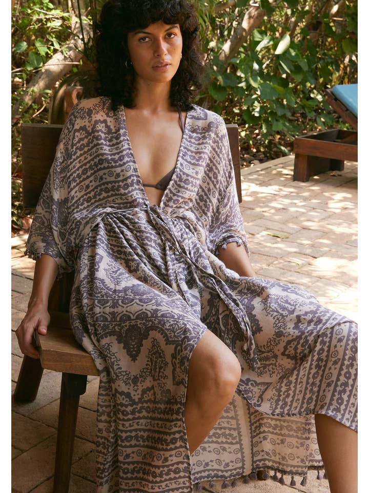 Natural Grey Sheer Printed Tie Front Maxi Kimono Robe for wholesale on Faire