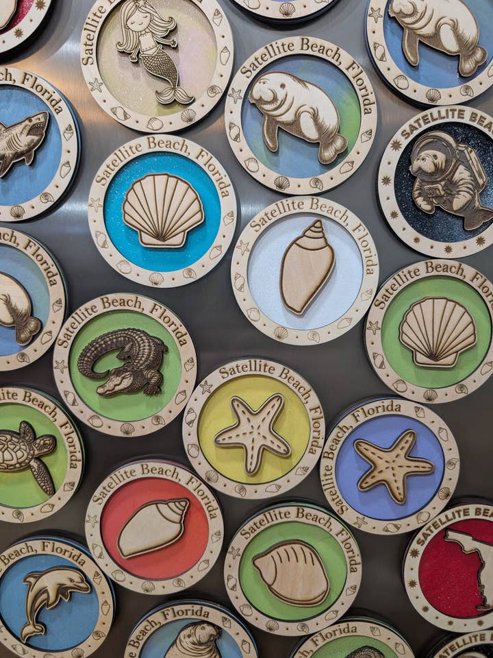 Handmade Circle Wooden Magnet; customizable, colorful, fun! for wholesale by Orion Laser Creations