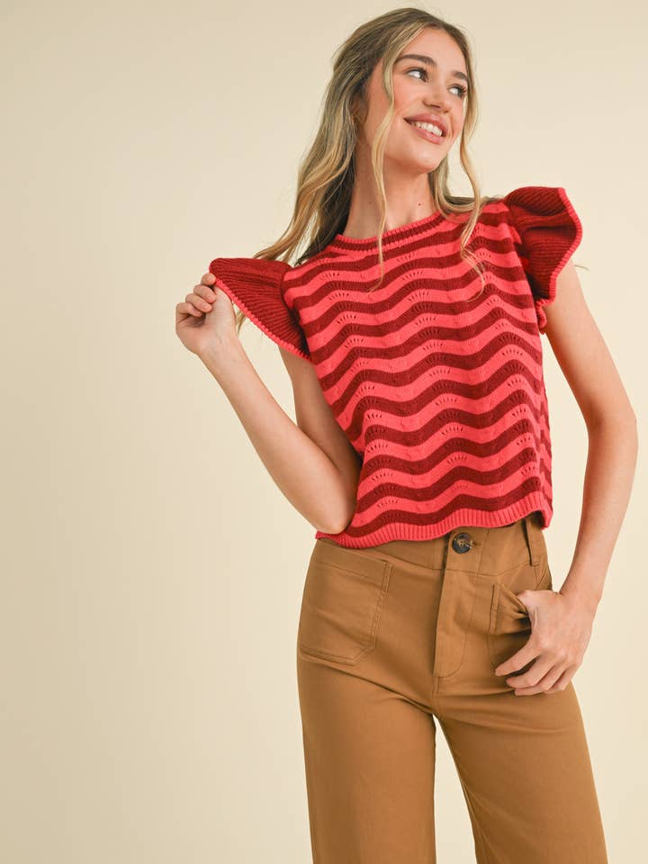 &MERCI - Wholesale Knit Sweater - Women's - WAVY STRIPES FLUTTER SLEEVE SWEATER TOP MSW1050972