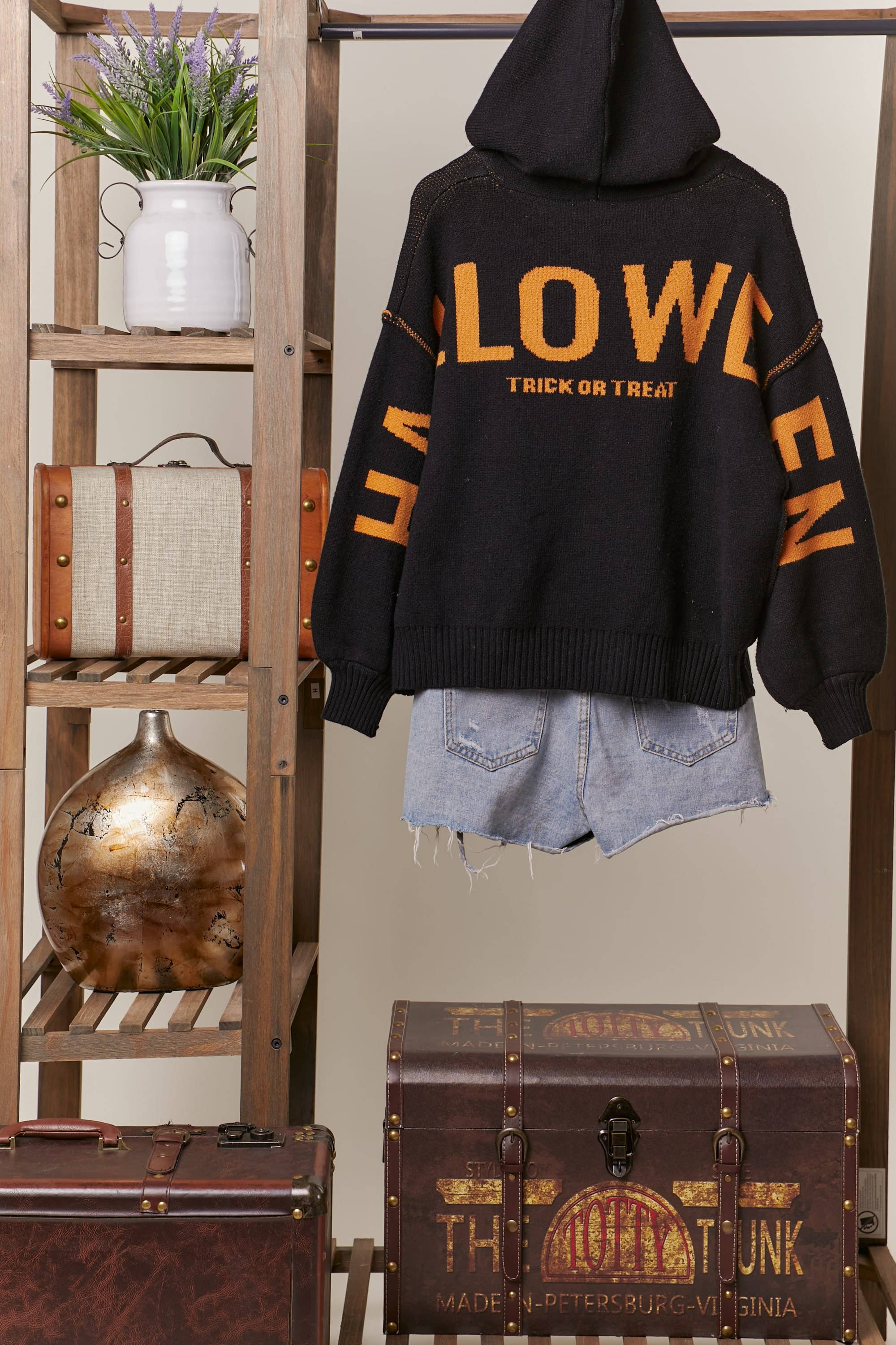 Black Hooded Halloween Sweater with Jaco O Embroidery for wholesale on Faire9