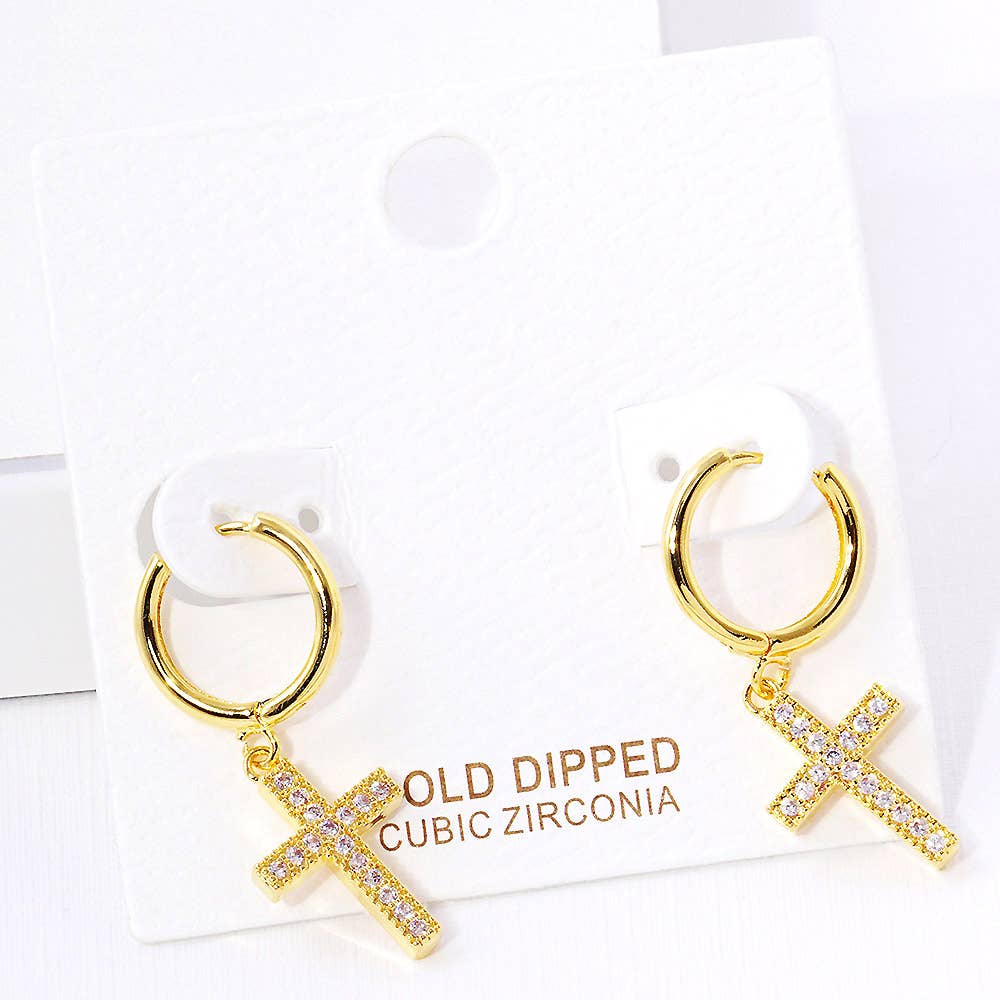 Sensibling Corp. - Vendita all'ingrosso Orecchini pendenti - Orecchini a cerchio Huggie a forma di croce con pavé di zirconia cubica bagnata in oro0