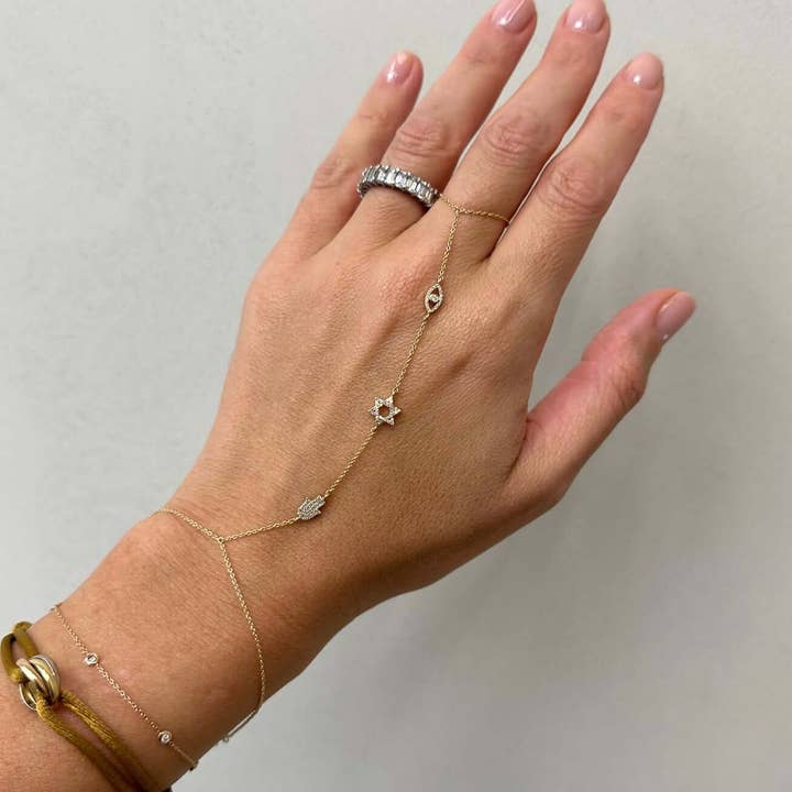14K Guld Mikro Pave Hamsa Onde Øje & Davidsstjerne Diamant Håndkæde for engroshandel hos Izakov Fine Jewelry