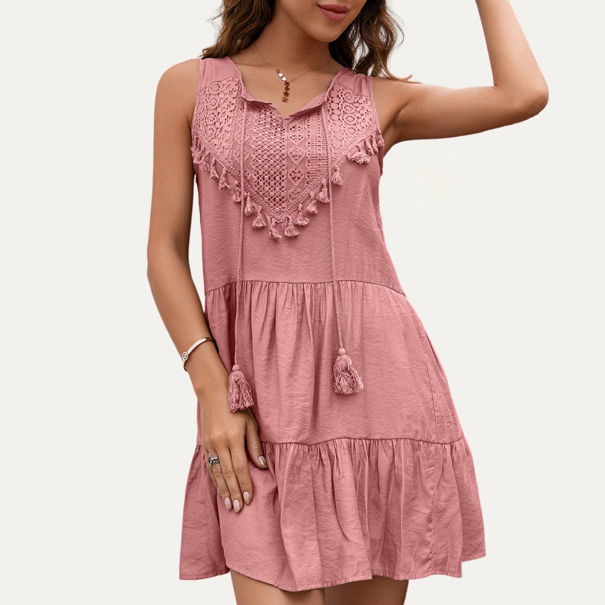 The Moment Collection - Wholesale Dress - Women's - Delicate Boho-Style Embroidered Lace Fringe Mini Dress7