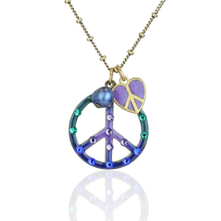 Blue Purple and Green Peace Sign Crystal Charm Necklace for wholesale by Anne Koplik Designs, Inc.