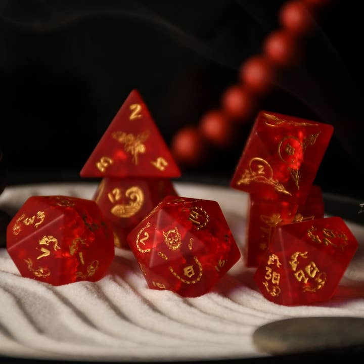 Japanese Frosted Red Glass Dice Set - Dice Around the World Collection for wholesale by Misty Mountain Gaming