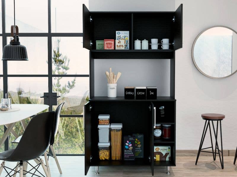 TUHOME FURNITURE - Vente Rangements/organisateurs de cuisine - Buffet de cuisine 95 avec quatre pieds, placard double porte, trois étagères6