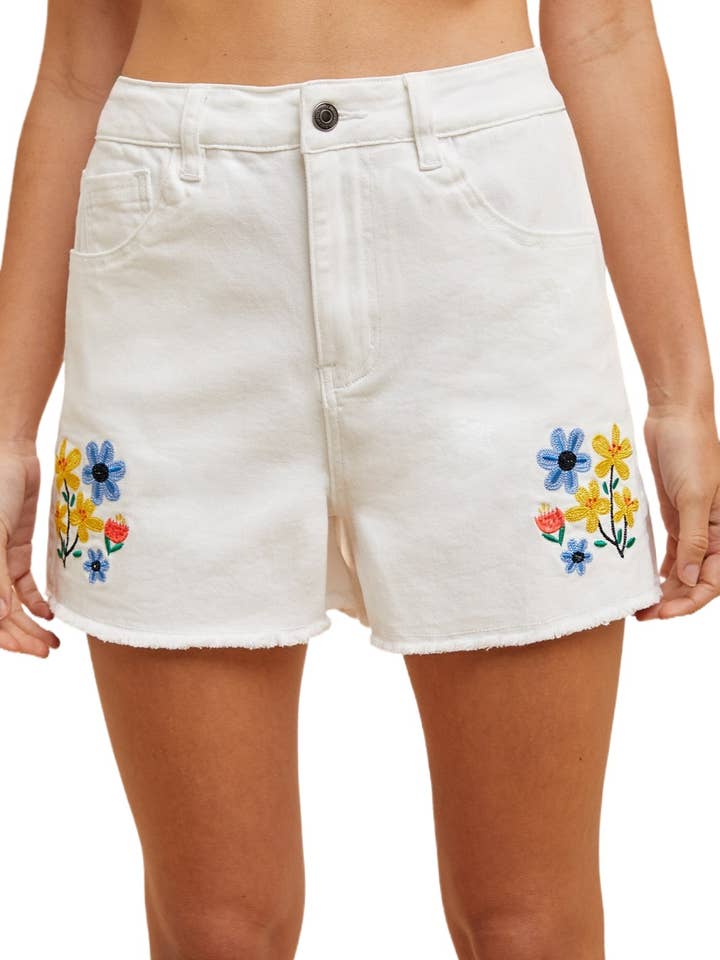 Floral Embroidered Fray Hem Stretch Denim Shorts for wholesale by Vanilla Monkey