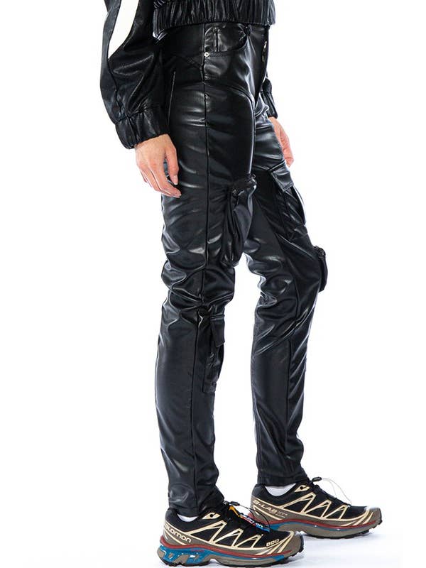 Black Vegan Leather Skinny Cargo Pants for wholesale on Faire4