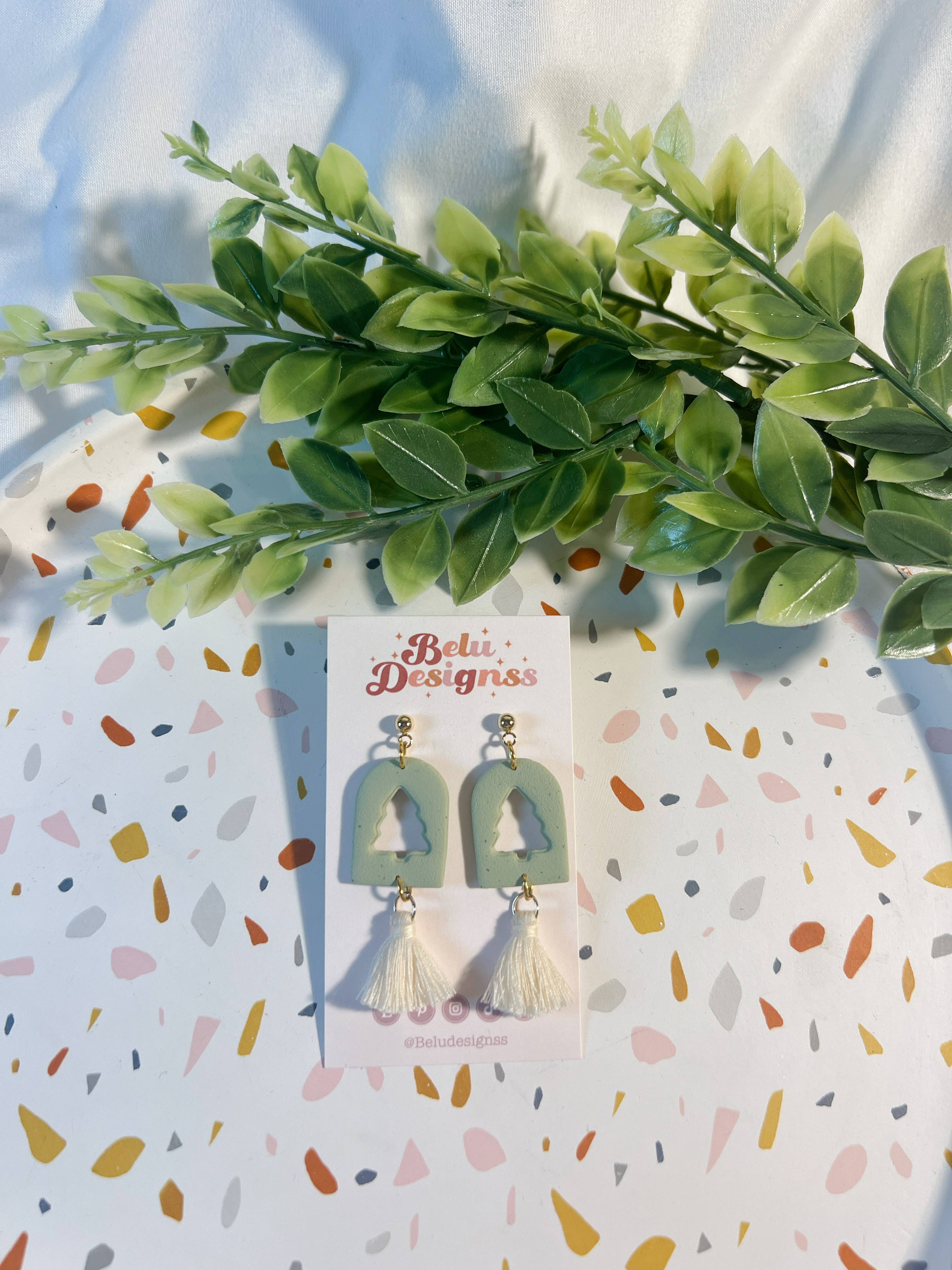 Belu Designss - Wholesale Dangle Earrings - Christmas tree cut out with tassel polymer clay earrings