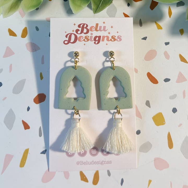 Belu Designss - Wholesale Dangle Earrings - Christmas tree cut out with tassel polymer clay earrings0