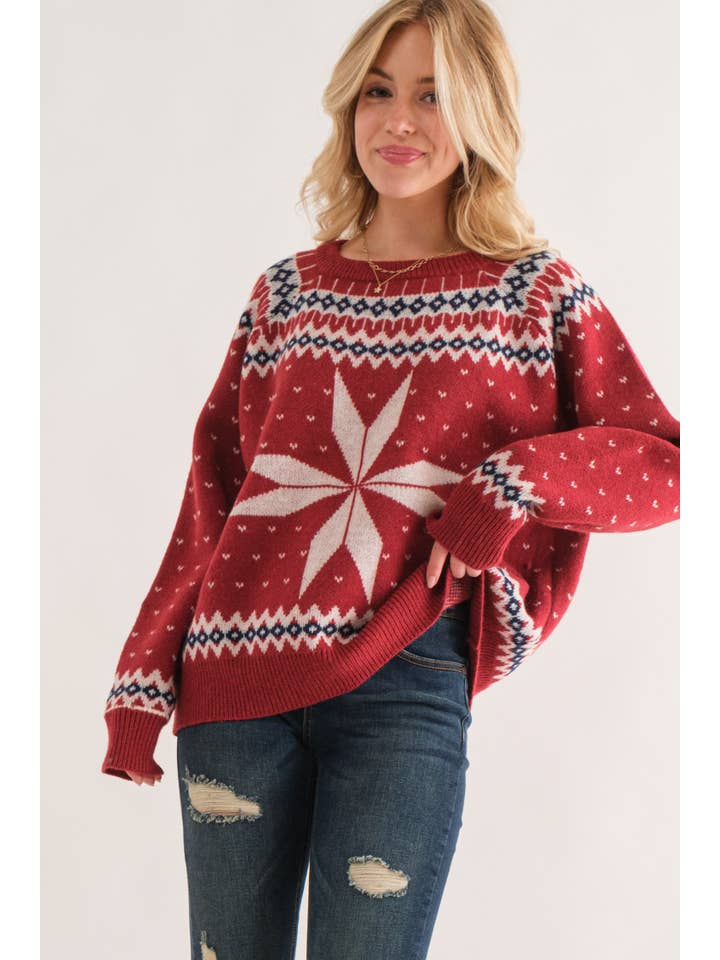 AND THE WHY - Wholesale Knit Sweater - Women's - ATW15229 - Holiday Snowflake Printed Pullover Sweater