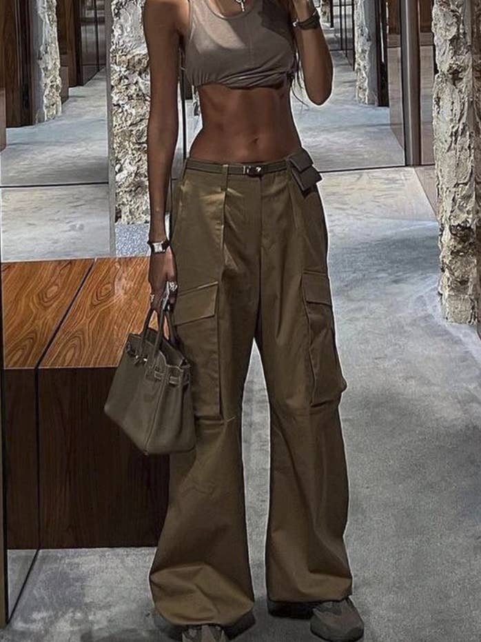 alberalkirk - Wholesale Pants - Women's - Womens Cotton Cargo Pants Wide Leg Low Rise N25Z3253