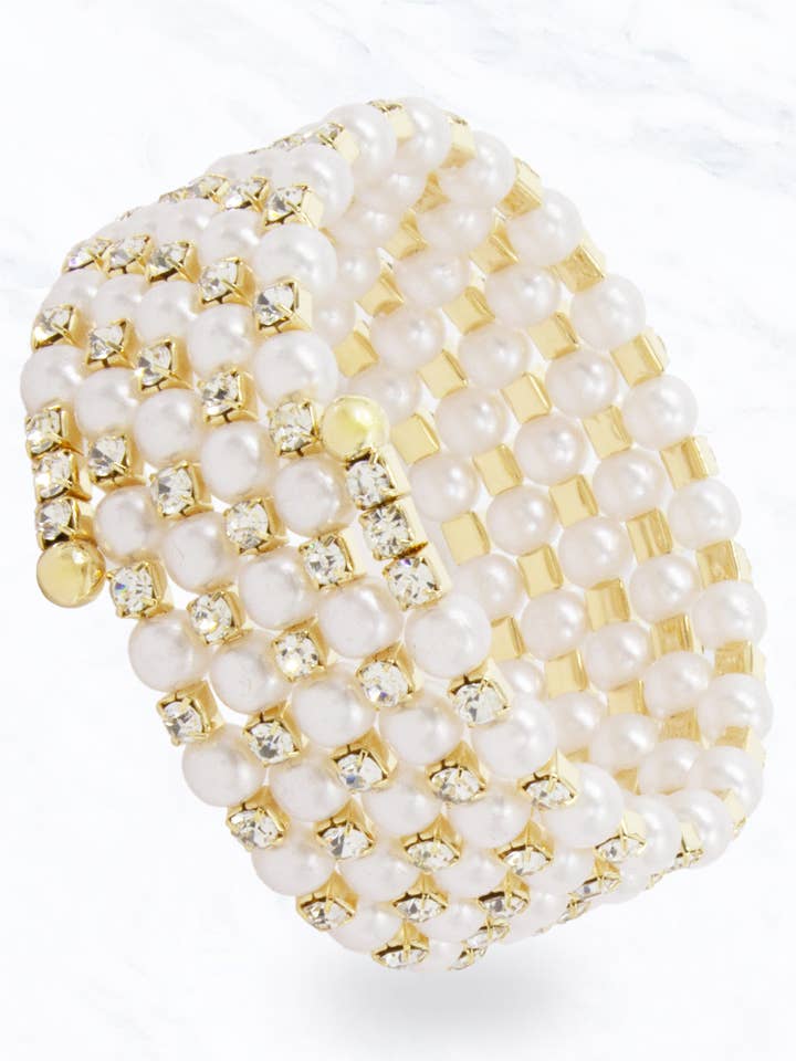 Pearl & Crystal Stretch Cuff Bracelet for wholesale by Suzie Q USA