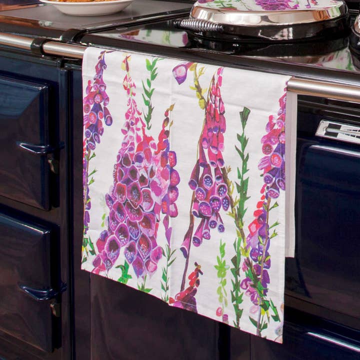 Foxglove Floral Tea Towel, 100% Cotton for wholesale by Emma Britton Decorative Glass Designer