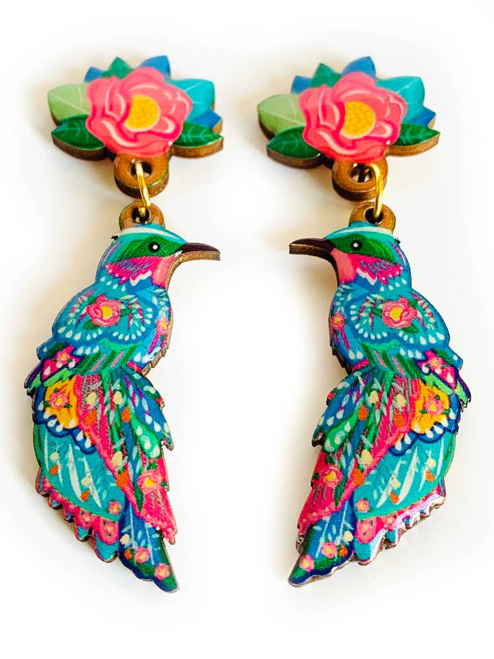 big colourful bird earrings summer bold jewellery statement for wholesale by Rosie Rose Parker