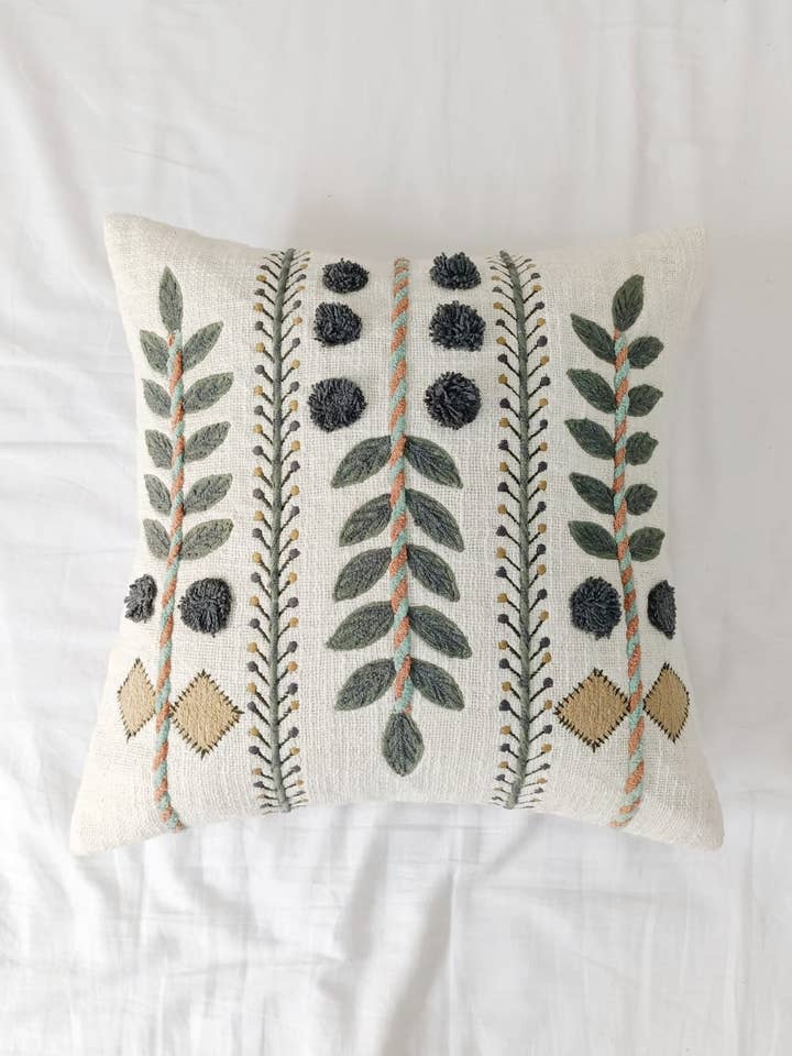 Embroidered Pom Pom Pillow Cover | Floral Pattern Pillow for wholesale by Eyda Homes
